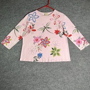 Jess And Jane Top Pink Dragonfly Floral 3/4‎ Sleeve Art To Wear Artsy L/XL